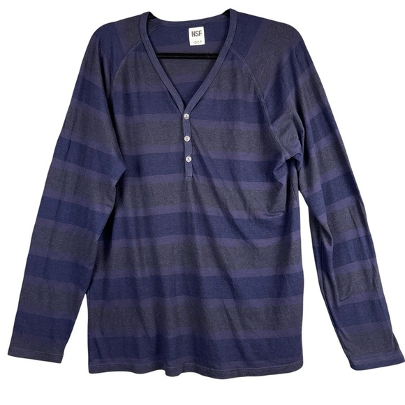 NSF Top Womens Large Blue Gray Stripe V-neck Henley Tee Casual Y2K - Picture 1 of 8